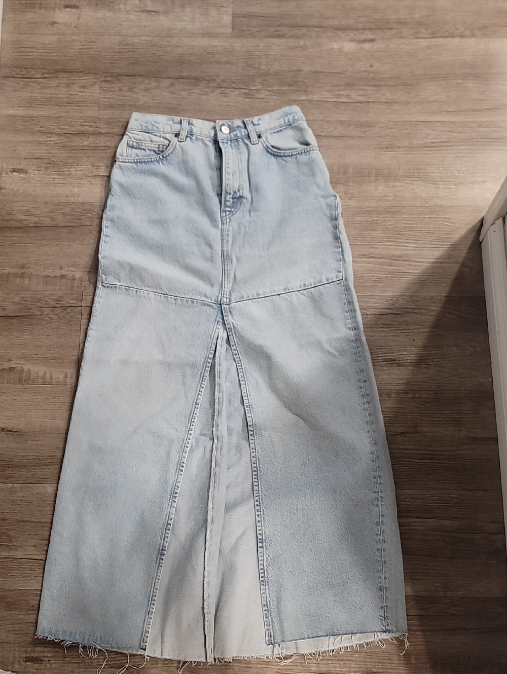REFORMATION Light Blue Denim Maxi Skirt with Front Slit
